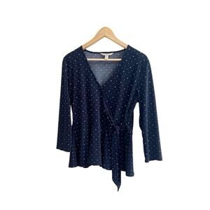 Banana Republic Polka Dot Wrap Peplum Blouse Jersey Stretch Size Medium Navy